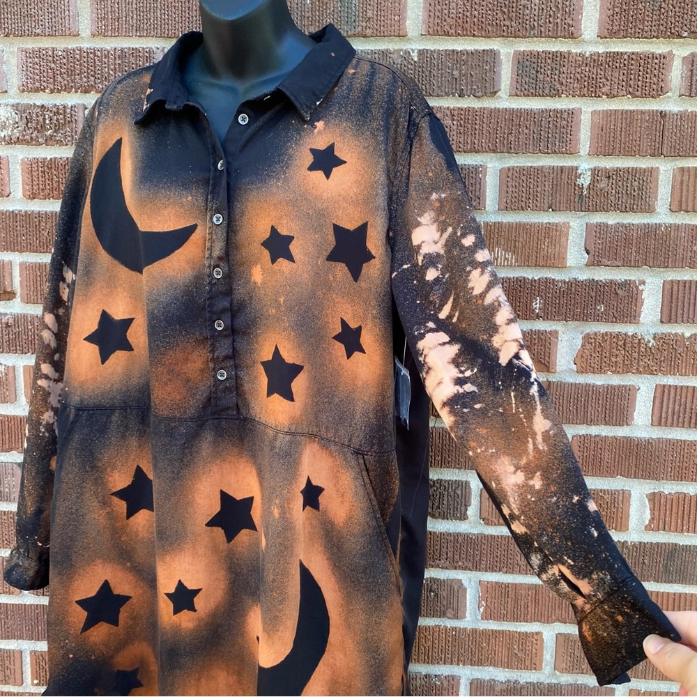 Upcycled NWOT bleach tie dye long sleeve buttons w/pockets black shirt dress XL